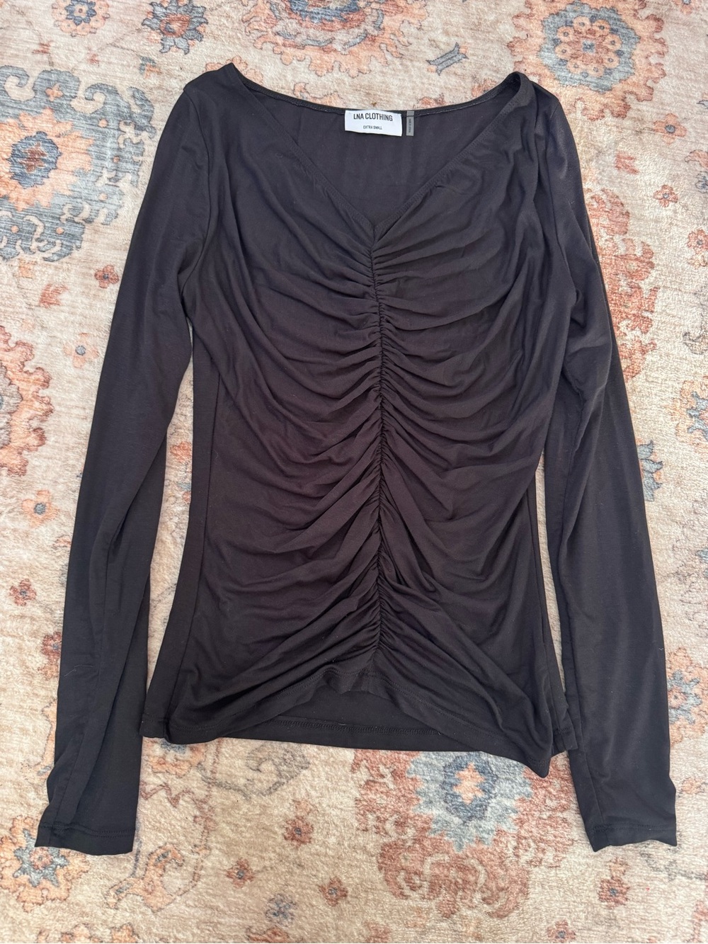 LNA Black Ruched Center-Front Long Sleeve Top Layering